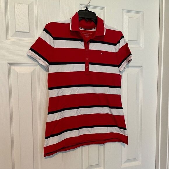 Tommy Hilfiger Classic Fit Red White Blue Striped Short Sleeve Polo Shirt - M - Picture 1 of 10